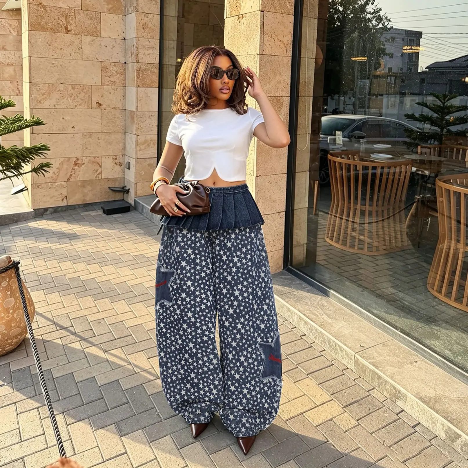 Removable Waist Belt Star Patchwork Layered Denim Pants