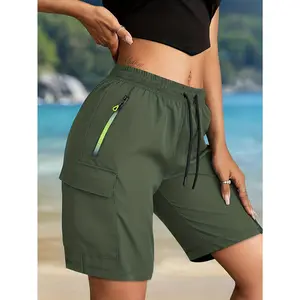 Women's Modest Fitted Plain Olive Green Summer Cargo Shorts - Lightweight Knee-Length Cold Wash Casual Bottoms, Adjustable Drawstring Waist, Multi-Zippered Pockets, Non-Stretch Durable for Outdoor, Hiking Wear, Cold Wash Shorts