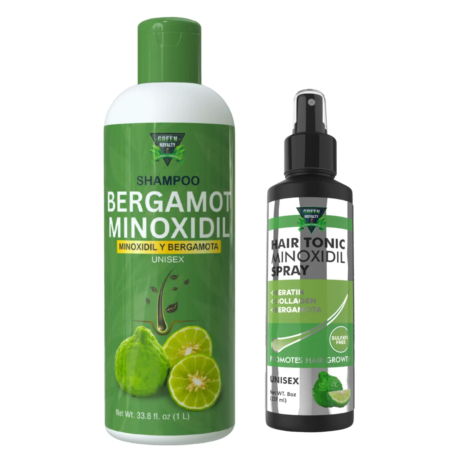 Green Royalty Minoxidil Bergamota Unisex Hair Growth Bundle - Keratin Haircare Set: 32oz Sulfate-Free Cleansing Shampoo, 8oz Smooth Lightweight Daily Shampoo Leave-In Tonic for Hair Loss, Healthy Hair