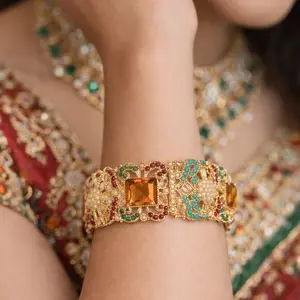 Women's Premium Openable Statement Single Bangle - Trendy Jewelry, Gold-Plated with Colorful Gemstones, Festive & Wedding Wear, 2.4in, 2.6in