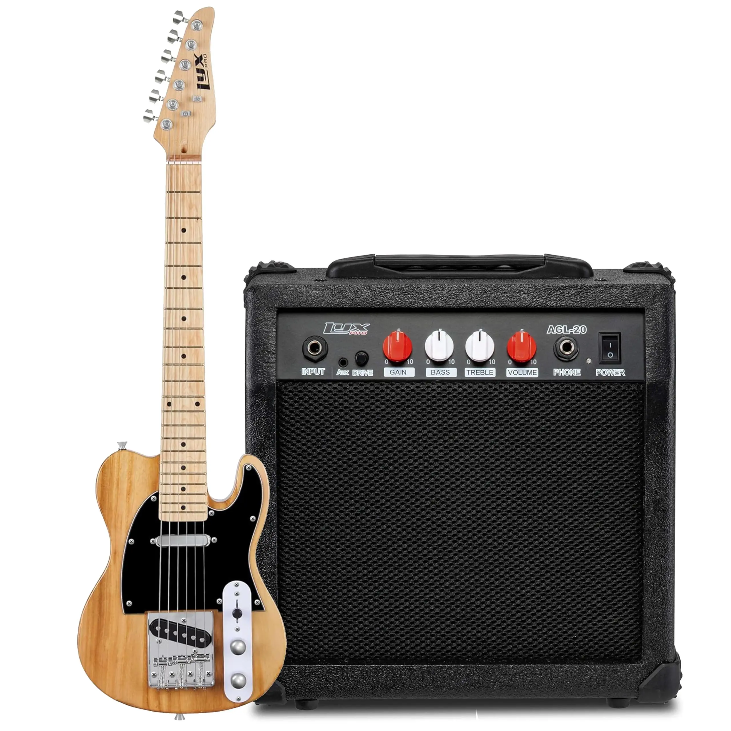 LyxPro 30" Electric Guitar TL Series Full-Size Paulownia Body, 3-Ply Pickguard, 3-Way Switch & Volume/Tone Controls -Natural with 20 Watt Amplifier - (Black)
