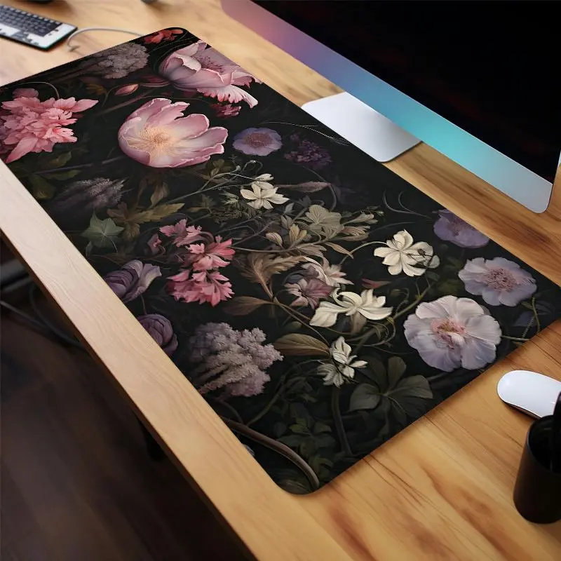 Floral Pattern Design Gaming Mouse Pad, 1 Count Office Desk Pad, Non-slip Rubber Base Stitched Edge Desk Pad for Desk Laptop Desktop, Desk Accessories