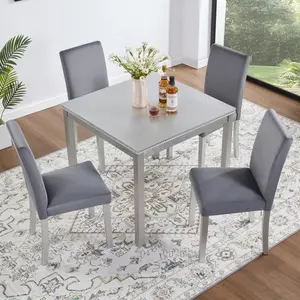 5 Piece Wooden Dining Table Set, Kitchen Table Set with a Square Table and 4 Upholstered Chairs, Wooden Dining Room Table with Crystal Decoration and Chairs Set for Kitchen, Dining Room, Silver grey