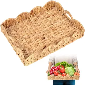 Scalloped Water Hyacinth Tray, Hand-Woven Wicker Storage Baskets with Scalloped Edge and Handles (17x13x3in) Rectangular Handwoven Trays, Water Hyacinth Basket for with Built-in Handles (Light Brown)