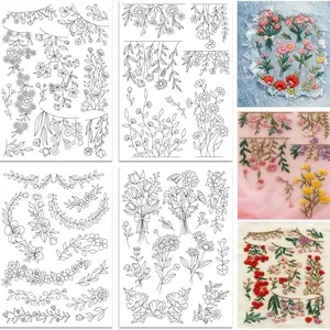 4 Sheets Water Soluble Neckline Embroidery Stabilizer, Pre-Printed Floral Stick & Stitch Embroidery Paper for Hand Sewing Lovers