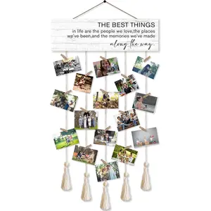 The Best Things in Life Hanging Photo Display Board with 16 Clips 5 Strings,Rustic Style Picture Collage Frames Wall Decor Wood Hanging for Home Living Room Décor,Housewarming Gifts