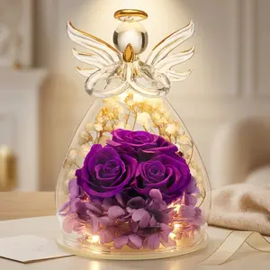 DEEMEI Preserved Real Rose Glass Angel Figurine - Eternal Flower Gift for Mom Grandma Wife, Long-Lasting Elegant Home Decor for Birthday Mother's Day