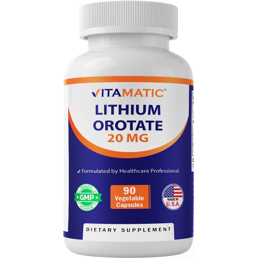 Vitamatic Lithium Orotate 20mg Veggie Capsules (90 Count) - US-Made, Easy to Swallow, GMO-Free, Gluten-Free, Magnesium-Infused Daily Dietary Supplement