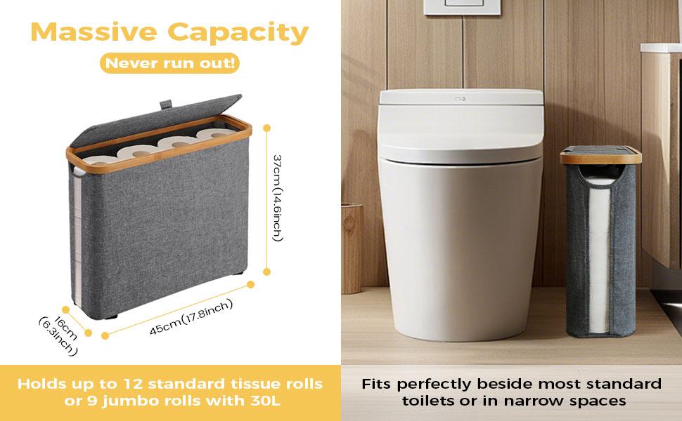 Elegant Toilet Paper Storage with Lid, Narrow Toilet Paper Holder Beside Toilet, Classy Bathroom Tissue Storage, Slim Toilet Paper Storage, Waterproof Oxford Fabric for Mega Rolls 30L (Gray)
