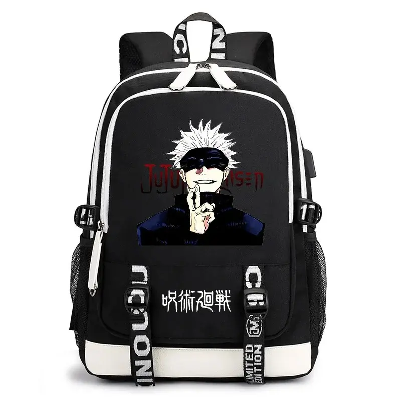 Jujutsu Kaisen Anime Backpack - Black with White Accents, Features Satoru Gojo Design, Ideal for Fans, Durable and Stylish