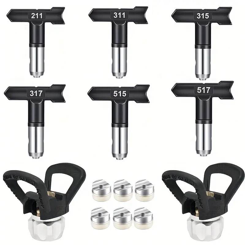 8-piece airless sprayer accessory set, including 6 swivel nozzles (211, 311, 315, 317, 515, 517) and 2 nozzle guards, suitable for precision automotive and wall painting, Spray Nozzle Tips