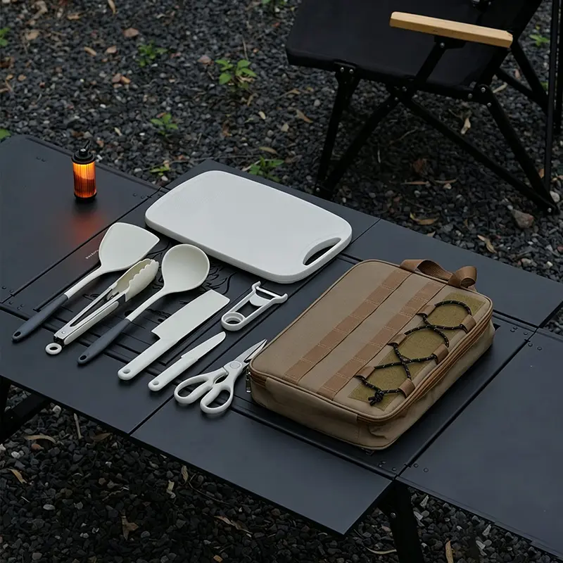 9-Piece Tactical Camping Utensil Set with 5 Compartment Storage Bag, Water Resistant Plaid Cookware Tote for Outdoor Picnic Hiking BBQ Camp Cooking