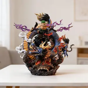 One Piece Roronoa Zoro Figure, Santoryu with Dragon and Purple Aura Effects，Zoro Collectible Statue, Wano Arc Form with Dragon Base and Three Swords，Epic Battle Pose with Dragon and Flame Details，Collectible for Fans & Display
