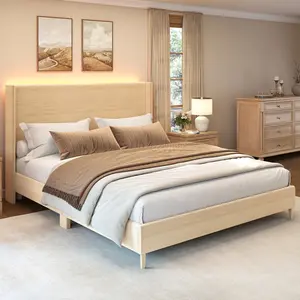 Queen Size Upholstered Bed Frame with RGB LED Lights, Wingback Faux Leather Platform Bed, Wood Grain Design Headboard, Heavy Duty Wood & Metal Support, No Box Spring Required