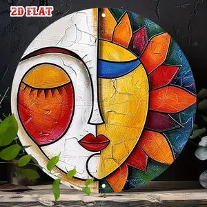 2D Flat 1pc Vintage Metal Sign Abstract Sun and Moon Face Aluminum Round Poster - Colorful and Artistic Wall Art for Bar, Café, Beach House, Backyard - 7.8x7.8 Inch, Retro Vintage Look, Room Metal Poste Ornaments Decoration Print