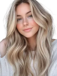 MACA BAKA Lila Ombre Highlight Natural Blonde Lace Front Wig Pre Plucked Glueless 18 Inches Medium Length Long Wavy Brown Mixed Honey Blonde HD 13x4 Synthetic Lace Front Wigs for Women with Scandinavian Hairline