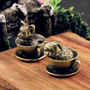 Creative Brass Coffee Cup Pet Cat Dog Figurine Cute Animal Design Handheld Office Decor Small Craft Gift, Unique Desk Accessory for Home & Office, Office Decor Accessories