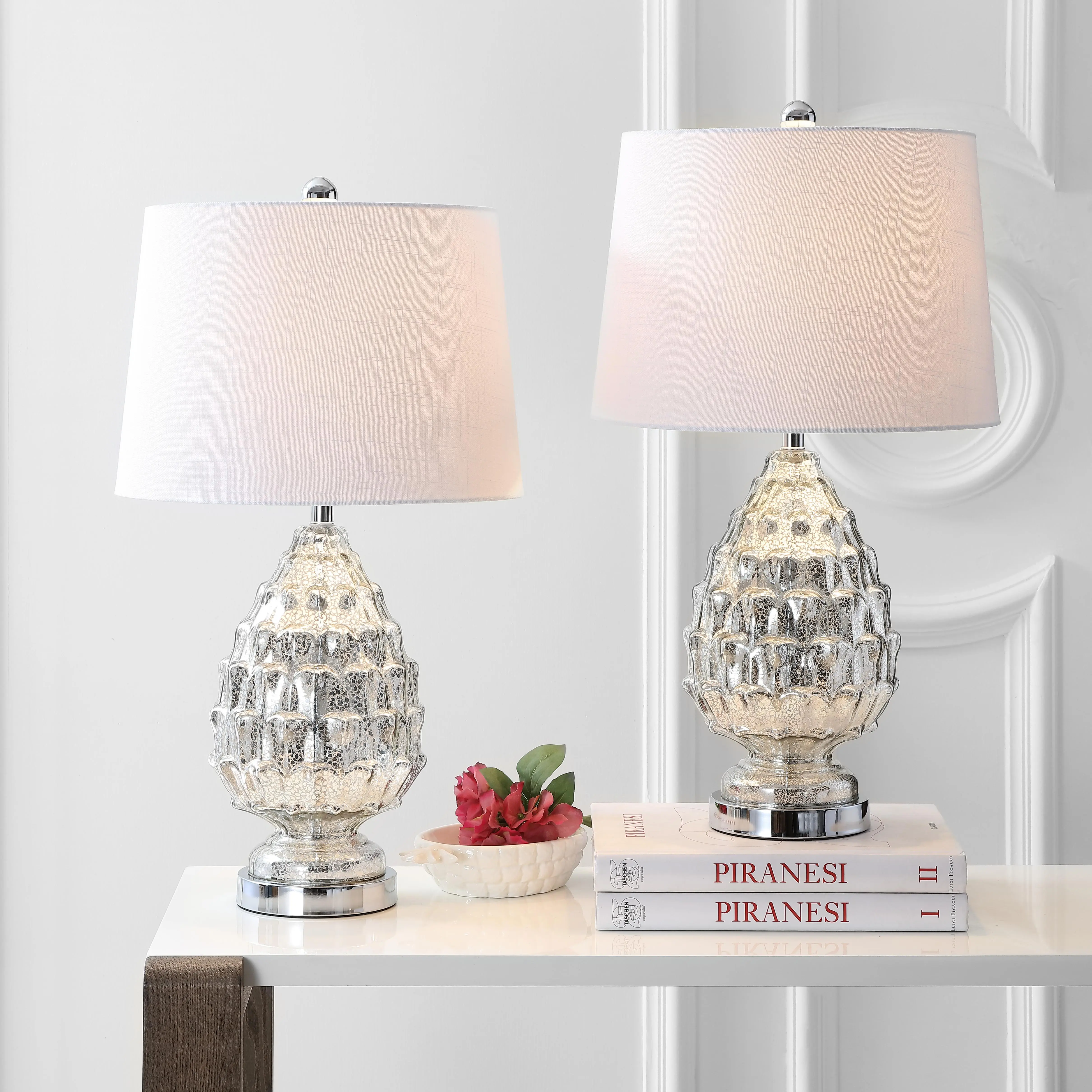 JONATHAN Y Artichoke Table Lamp 25.5" Glass, Mercury Silver, Set of 2 | Traditional Transitional, Textured Design, White Linen Drum Shade, Chrome Metal Base, LED Bulbs Included
