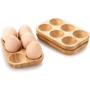 6-Cells Wooden Egg Holder Tray Double Row Egg Organizer Rack Space Saving Household Egg Storage Accessories for Kitchen Utensils Ceramic
