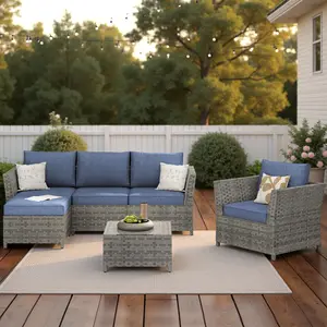 【2 Packages Shipping】Ovios 6 Pieces Patio Furniture Sectional Sofa - Grey PE Wicker Furniture Conversation Set with Glass Coffee Table for Garden, Poolside, Backyard - No Assembly Required