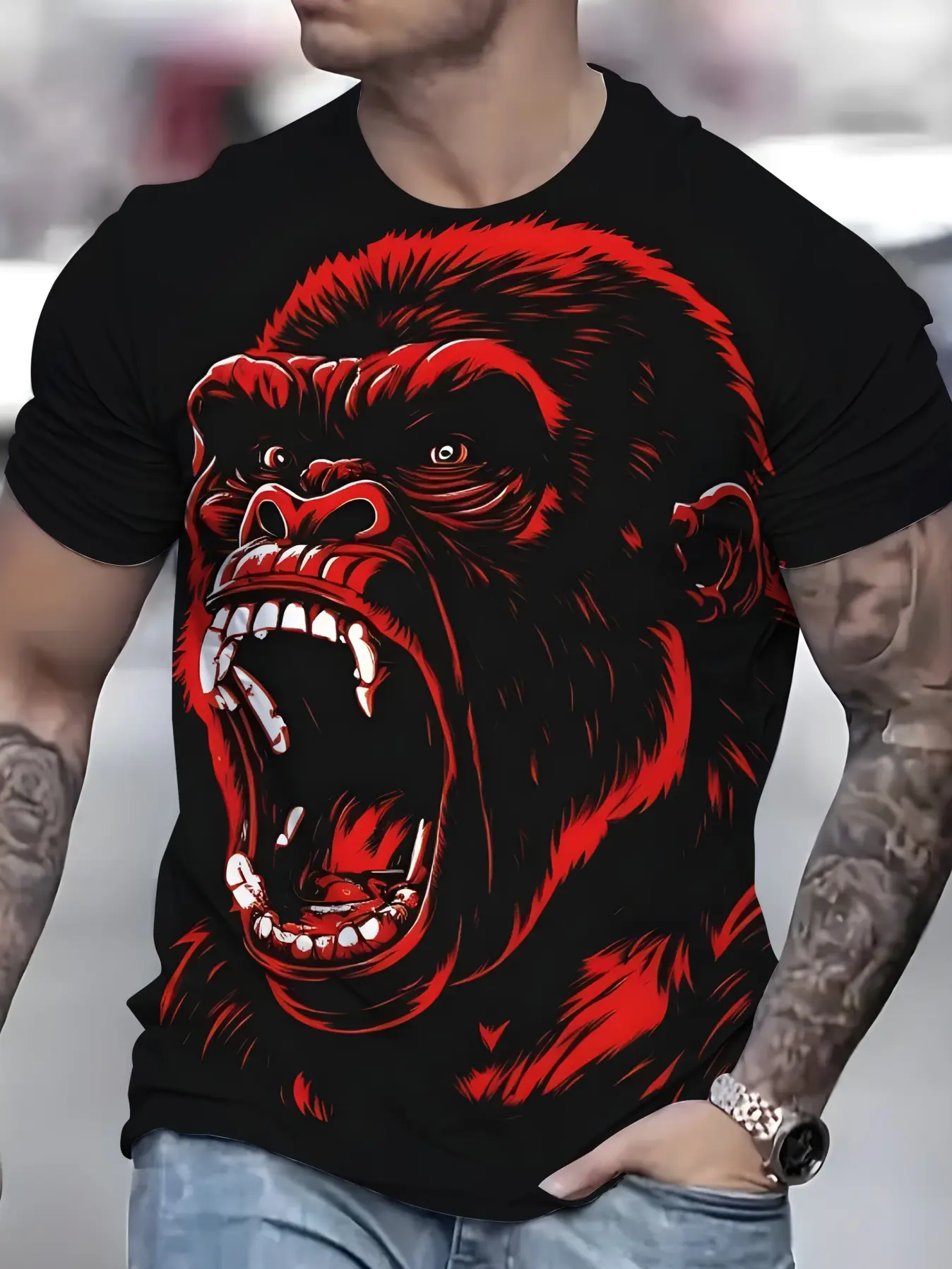 Men's Iconic Gorilla Head Print T-Shirt - 3D -Over Print Casual Summer Tee with Gorilla Face, Soft Breathable Polyester Fabric Suitable for Summer Outfits & Gorilla Themed Events (Machine Washable)