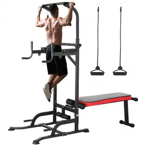 Power Tower With Bench, Pull Up Bar Stand Dip Station, Adjustable Heights And Weight Bench Angles, Training Chin Up Tower W/Folding Bench 4 Ropes Strength Training Fitness Equipment Home Gym
