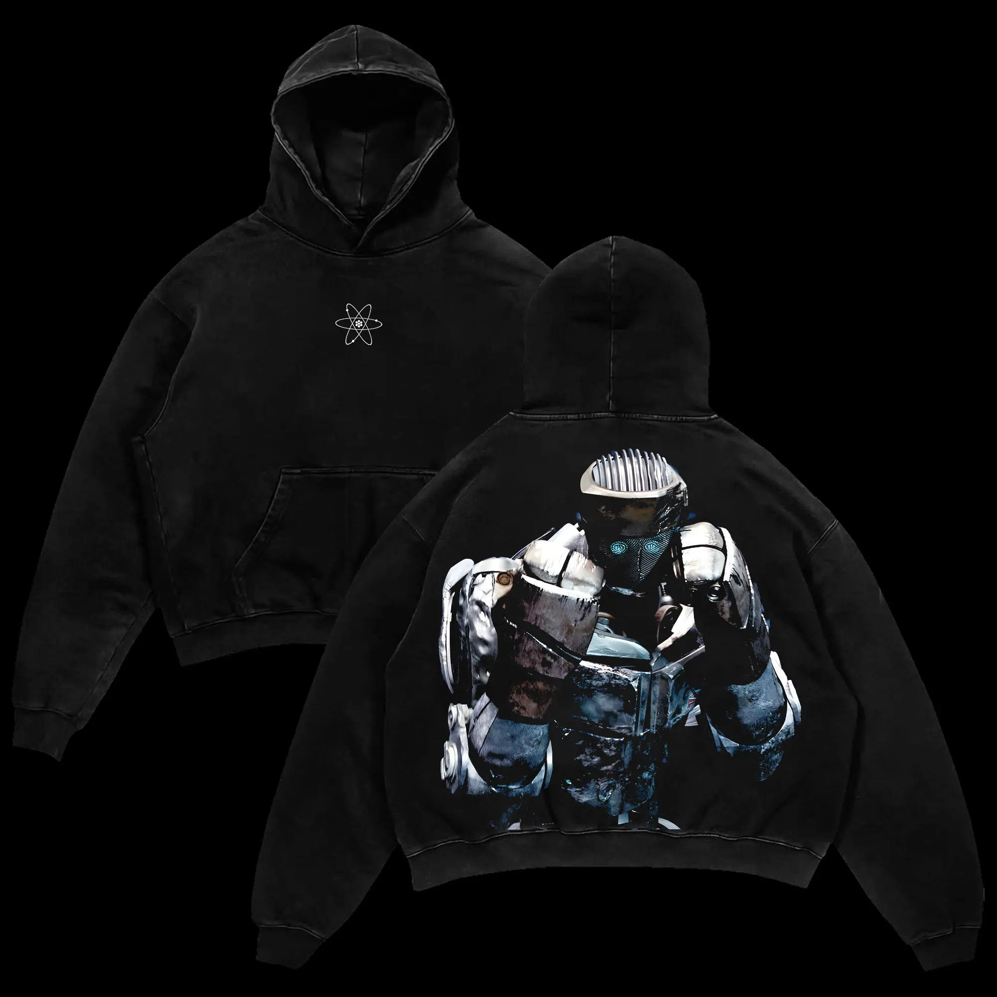 Atom - Real Steel Double Printed Oversize Lightweight Acid Washed Hoodie TV Series Graphic Top Cotton Streetwear T-Shirt boys merch Men's Regular Fit Floral Print Tee Oversized Apparel