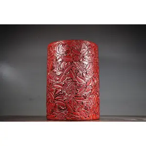A0821 Vintage Chinese Red Lacquerware Low Relief Flowers Design Brush Pot