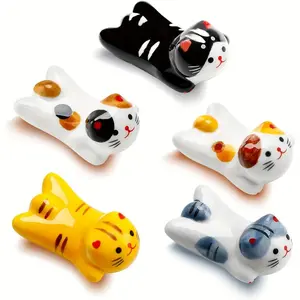 5pcs Lucky Cat Ceramic Chopstick Holder Set - Handcrafted, High-Quality Tableware for Forks, Spoons & Knives - Perfect Gift for Cat Lovers Cutlery