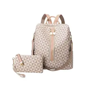 Designer Bags Geometric Pattern Backpack & Wallet Set 2025 Summer Large Capacity Vintage Multifunctional Backpack Set for Work School Commuting College Backpack Purse Set Back To School for Fall Outfits & Fall Freshness