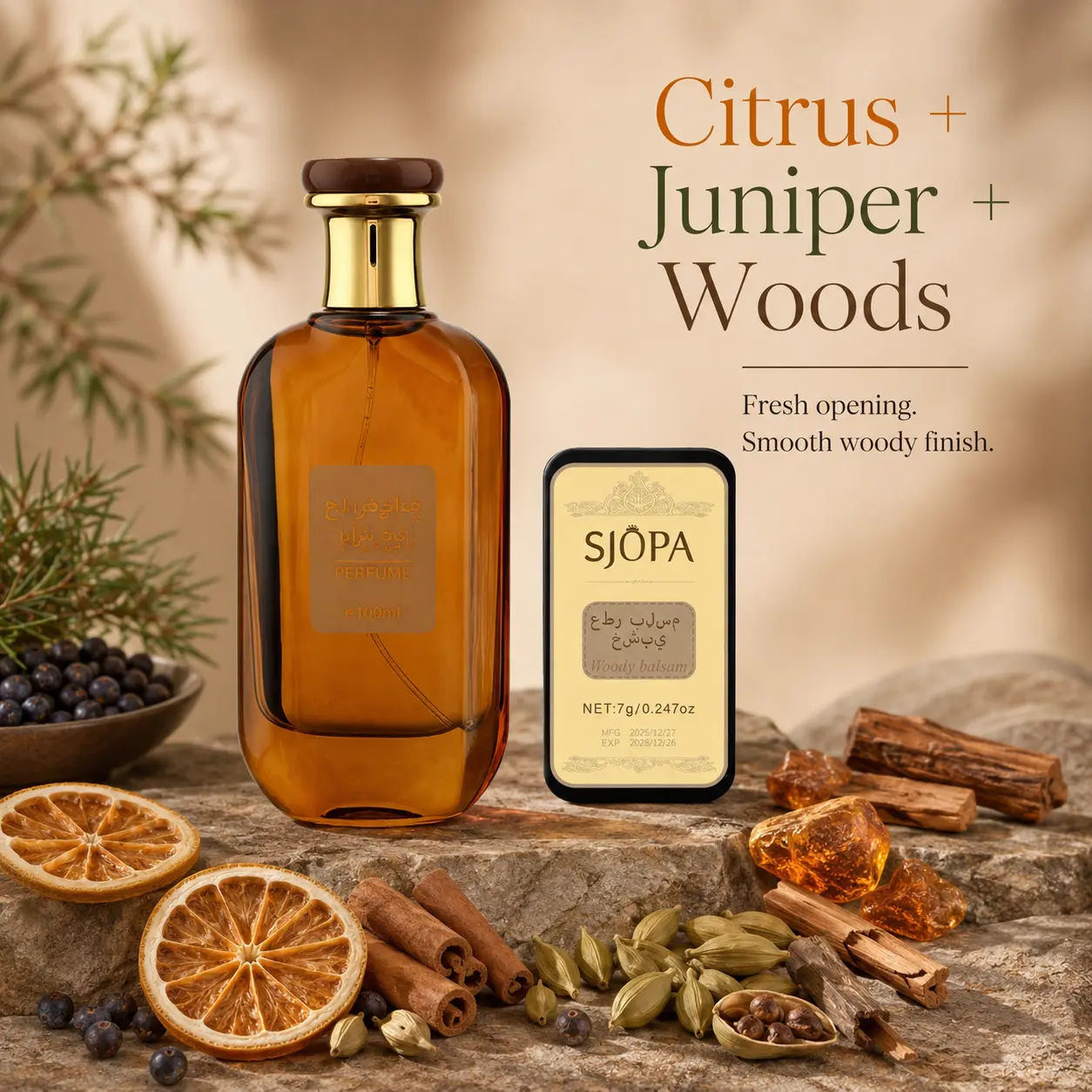 SJOPA Men's Fragrance Set - 100ml Citrus Woody Fragrance, Solid Balm for Everyday Wear