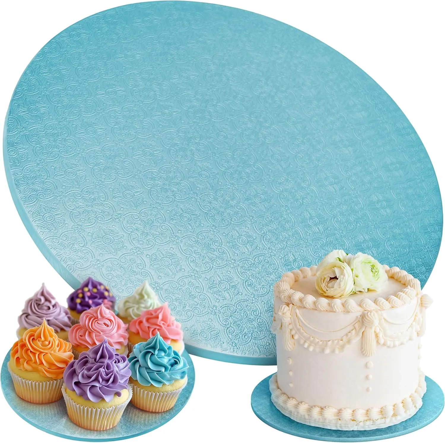 PixiPy Round Cake Boards 12 Inch 4 Pack - Heavy Duty Cardboard Cake Drums with Elegant Patterns and Fully Wrapped Edges - Reusable Grease Resistant Base for Cake Decorating and Display