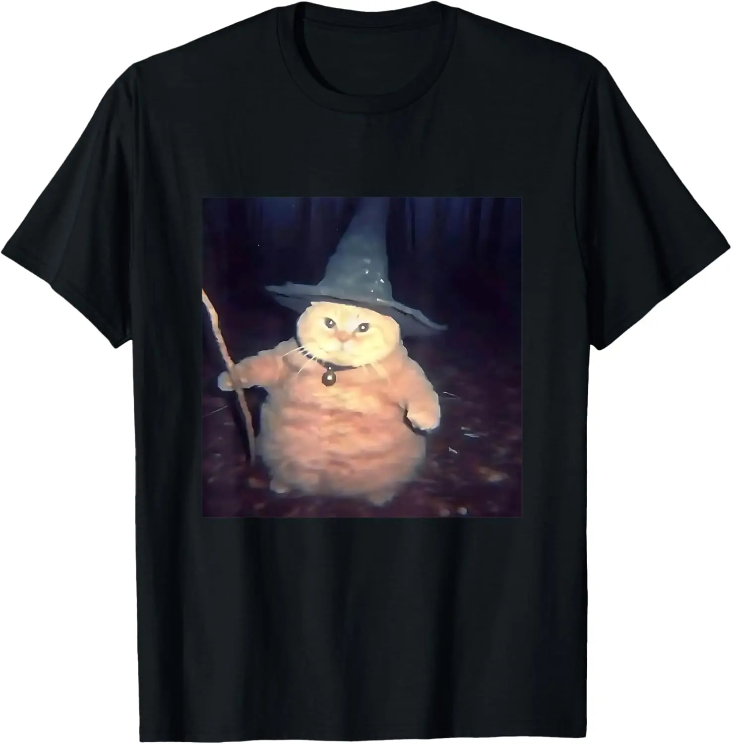Men's Unisex Classic Fitted Wizard Cat Graphic Print T-Shirt - Short-Sleeve Crew Neck, Pure Cotton Digital Transfer Streetwear, All-Seasons Breathable Top