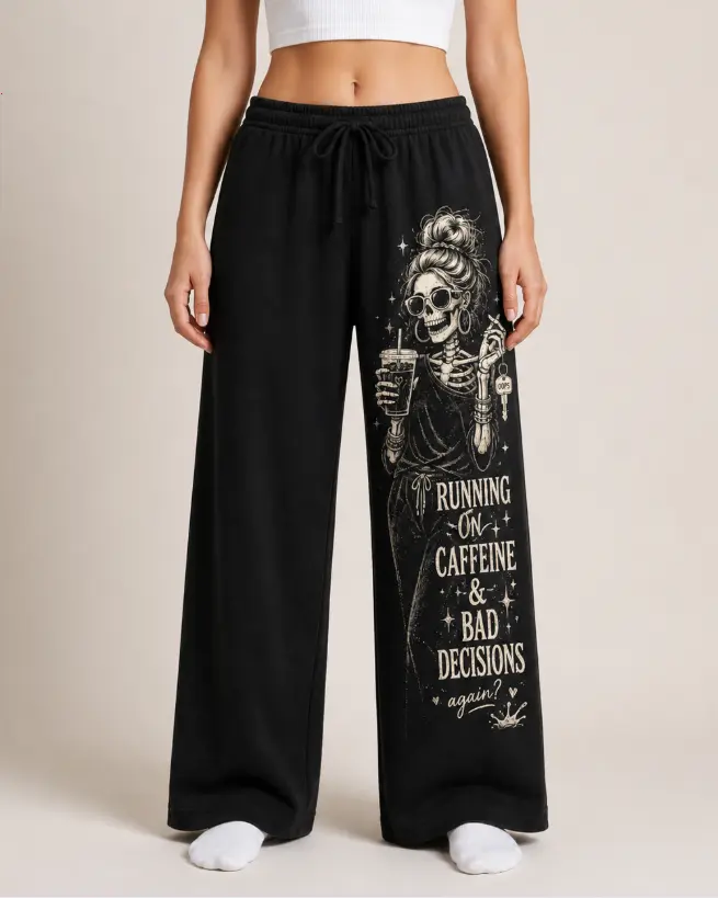 Women’s Skeleton Pajama Pants, Funny Graphic Pajama Bottoms, Running on Caffeine and Bad Decisions Lounge Pants, Black Sarcastic Sleep Pants, Coffee Lover Pajamas, Comfy Wide Leg Pajama Pants Gift for Her
