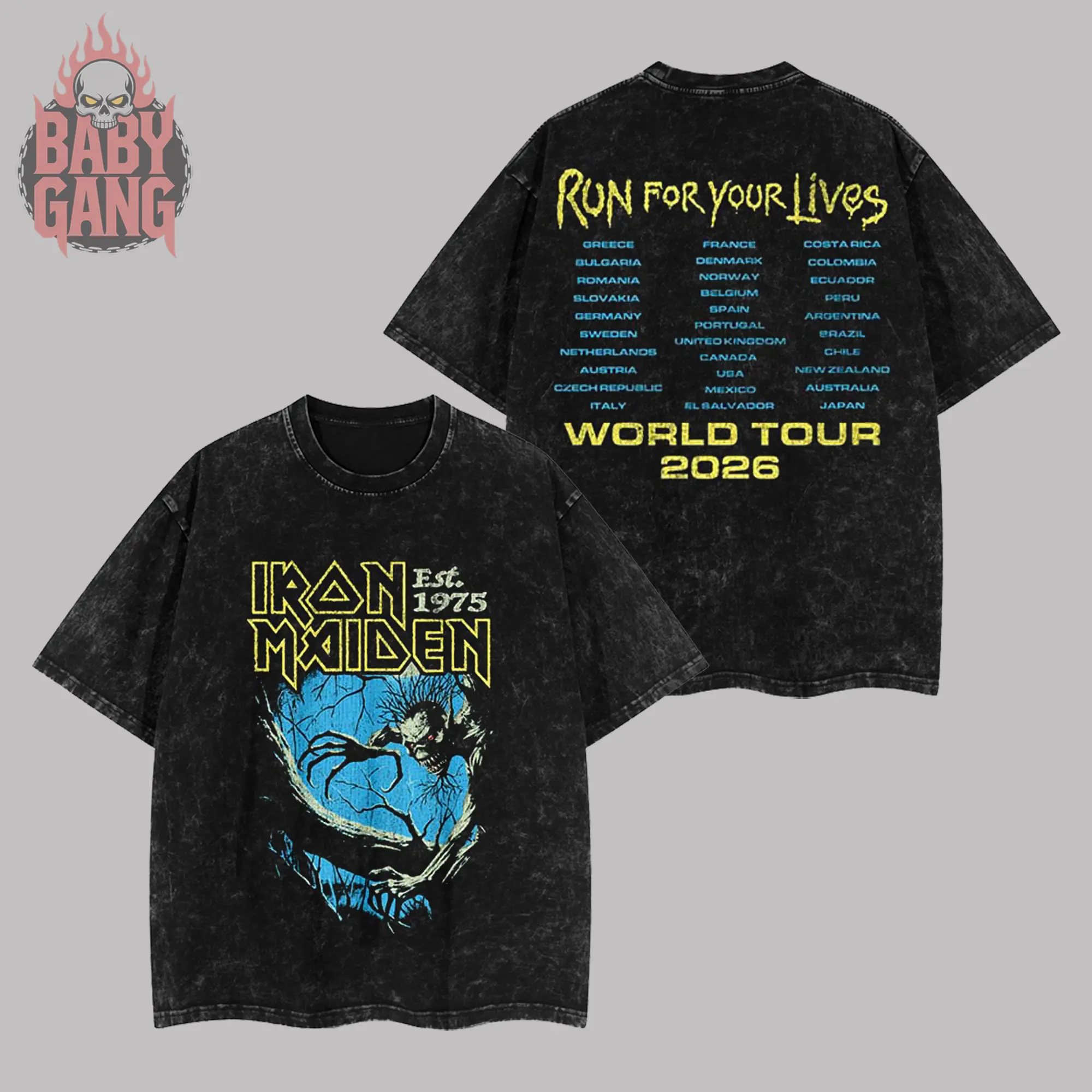 [Baby Gang] Iron Maiden - Run For Your Lives World Tour 2026 Heavy Metal Washed Tee Iron Maiden Heavy Metal Unisex Oversize Rock Band Cotton Gift For Rock Music Lovers Vintage 90s Graphic T-Shirt Graphic Streetwear Menswear