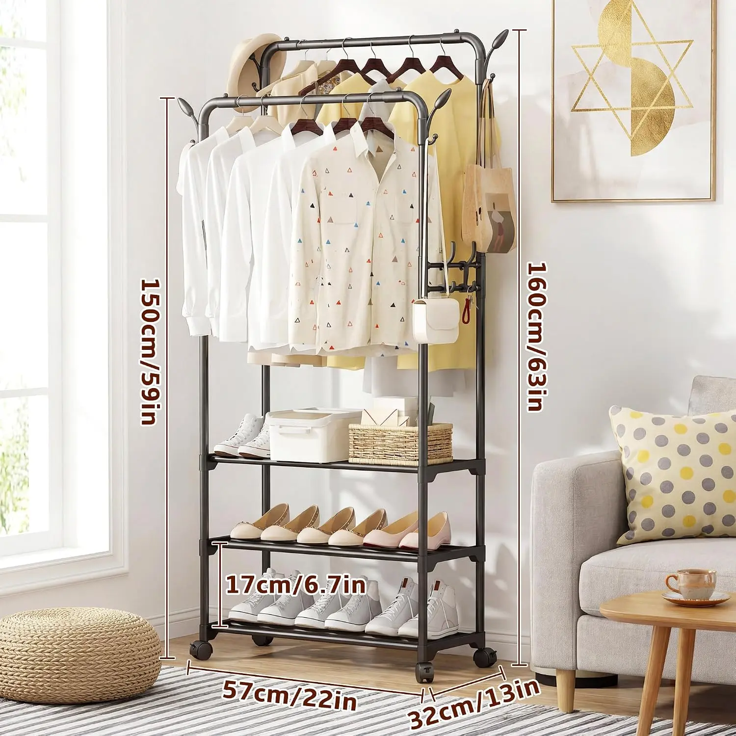Heavy‑Duty Rolling Clothing Garment Rack, Freestanding Double Rod Clothes Rack with 3‑Tier Shoe Storage & Side Hooks for Bedroom