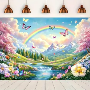 Vibrant 2D Flat Fabric Spring Theme Banner, Festive Backdrop with Rainbow Scene, Butterfly Garden, Flowers & Mountainous Scenery, Ideal for Home & Kitchen Parties