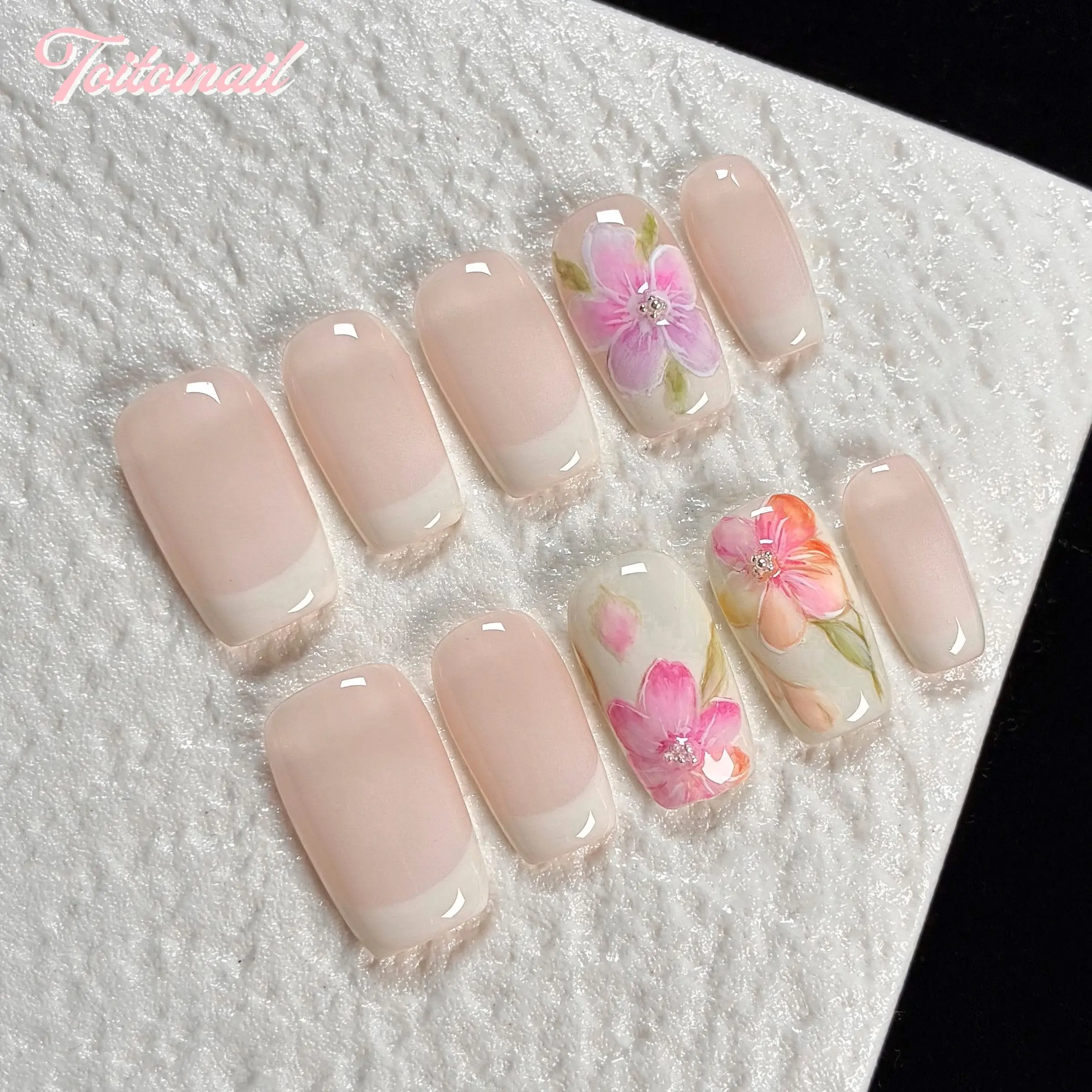 Petal Haze Handmade Press-On Nails | Short Square Shape, 10pcs, 2 Designs | Nude Haze Glossy French Tips Watercolor Floral | Spring Art Aesthetic & Clean Girl | For Daily, Date, Bridal | High Gloss Decorative Nails | Reusable DIY Nail Art Flower Nails