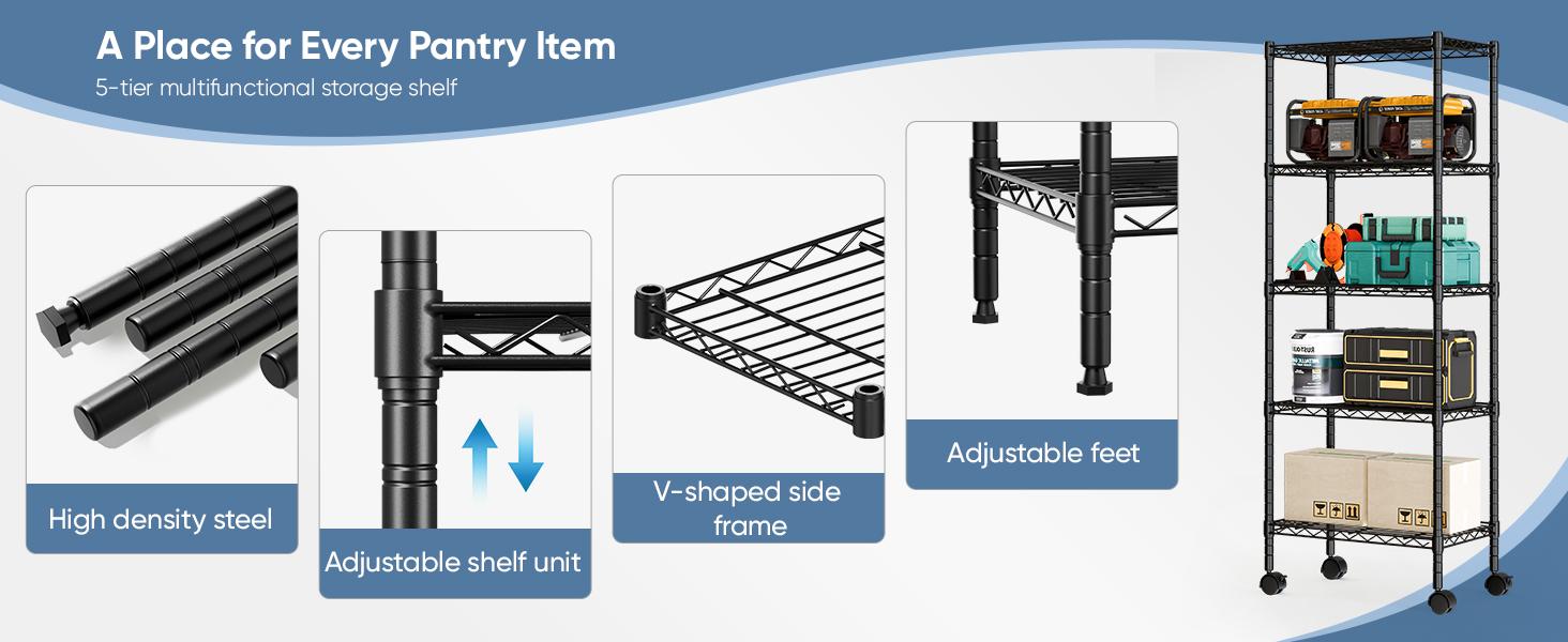 Heavy Duty Storage Shelves with Wheels, Adjustable Shelving Unit for Garage Kitchen Pantry, 200 lbs per Shelf, Black Heavy Duty Storage Shelves with Wheels, Adjustable Shelving Unit for Garage Kitchen Pantry, 200 lbs per Shelf, Black