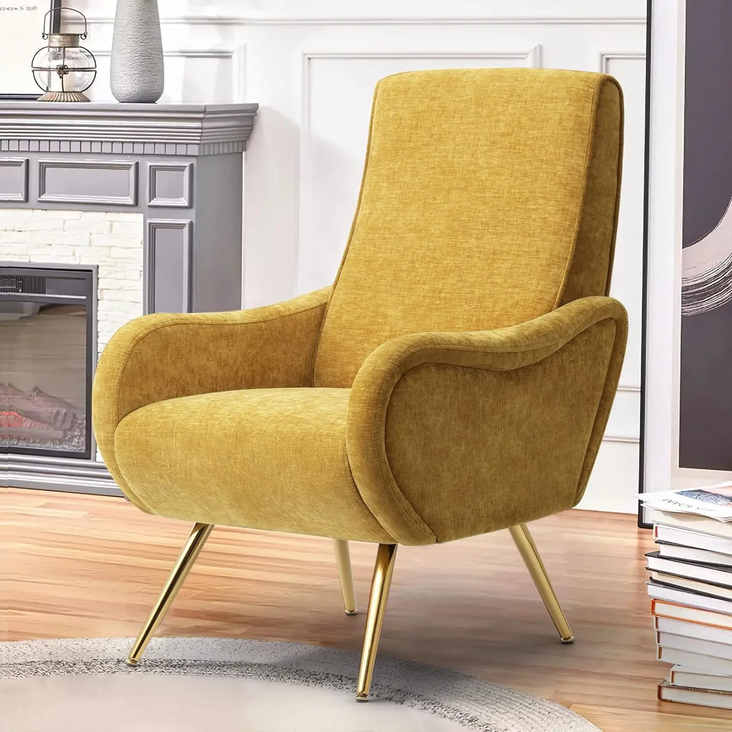 ELUCHANG Upholstered Accent Chair, Chenille Armchair Living Room Chair with Thick Cushion&Golden Metal Legs, Comfy Reading Chairs Leisure Chair Lounge Chair for Small Space Bedroom, Yellow
