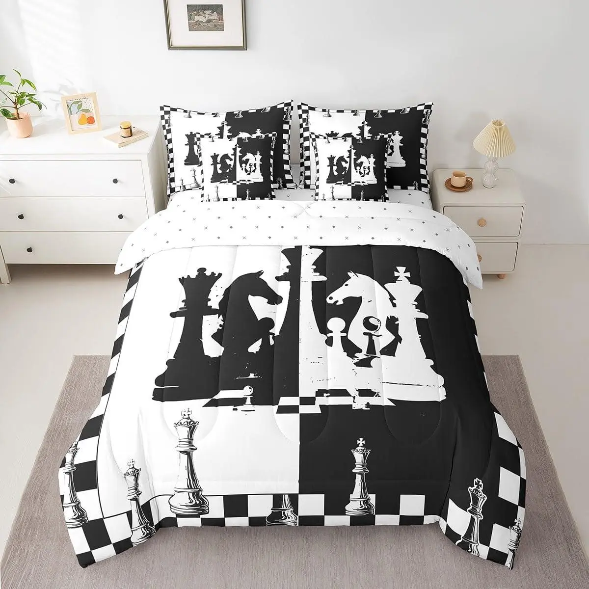 7 Pieces International Chess Comforter Set,Chess Games Bed Set for Kids Boys Girls,Black and White Grid Bedding(1 Comforter,1 Fitted Sheet,1 Flat Sheet,2 Pillowcases,2 Throw Pillow Cover)