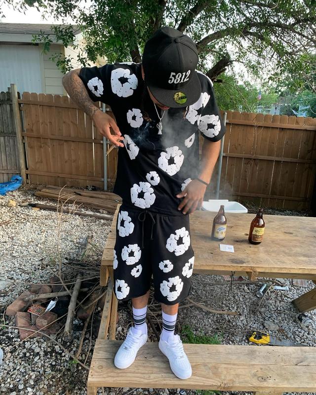 American Trendy Cotton T-Shirt & Slim-Fit Long Pants Hoodies Set Retro Kapok Flower Foamed Print Logo Drawstring Beach Shorts Stretchy Wide Leg Athletic Shorts