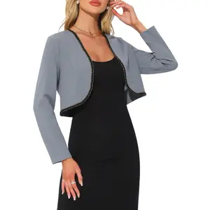Allegra K Women's Long Sleeve Cropped Contrast Trim Bolero Casual Work Cardigan Large Gray