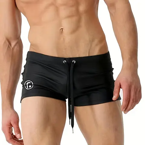 Men's Solid Color Graphic Drawstring Waist Sports Swim Trunks, Stretchy Trunk, Sporty Comfy Breathable Sports Swim Shorts for Summer, Men's Swimwear for Beach Swimming, Drawstring Swim Bottom, Athletic Swim Trunks, Swimsuit Shorts
