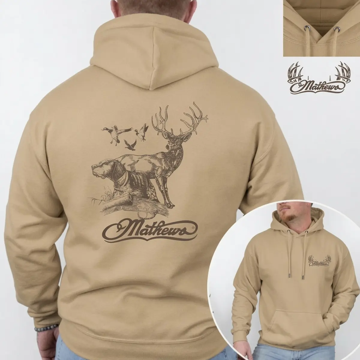 Mathews Official Hunting Hoodie - Vintage Dog Deer Ducks Print Beige Pullover Unisex Men's Cotton Unisex Heavy Blend Hooded Sweatshirt Perfect Outfit for Hunting Lovers Unisex