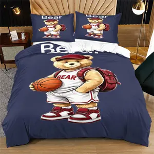 Handsome teddy bear printed pattern duvet cover set, including 1 duvet cover and 1 or 2 pillowcases, without a core or pillow, suitable for bedroom or dormitory bedding set, suitable for gift giving or personal use Bedroom Bedding Sets