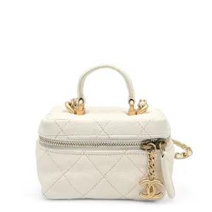 Pre-owned CHANEL Leather Tote Bags Quilted Top Handle Mini Vanity Case Grained Calfskin White (0415m0)