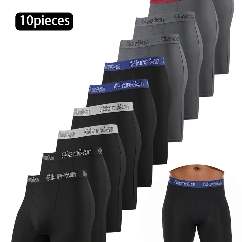 10-Pack Men's Long-Leg Sports Boxer Briefs, Quick-Dry Workout Gym Underwear, High-Quality Soft Comfortable Boxer Shorts for Men, Sporty Underwear