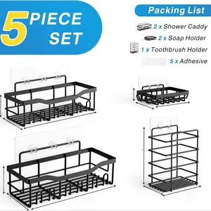 Shower Rack Set, 5 Counts/set Adhesive Shower Rack, Rust-proof Stainless Steel Bathroom Organizer, Large Capacity Bathroom Storage Rack,  Room Accessories