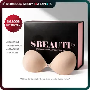 SBEAUTI #1 Push-up Sticky Bra, Sweat-proof Glue, Adhesive Push Up Cleavage Bra, Up to G Cup, Seamless Strapless Bra for Date Night, Backless & Red Dress, Waterproof & Reusable SpringStatements
